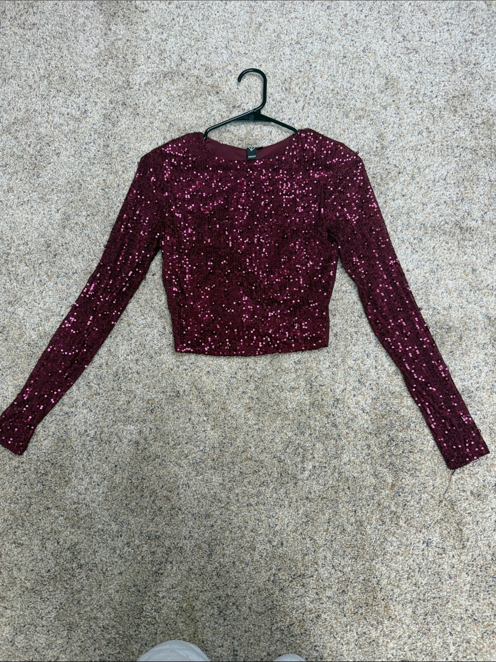 Windsor Burgundy Sequin Long-Sleeve Crop Top